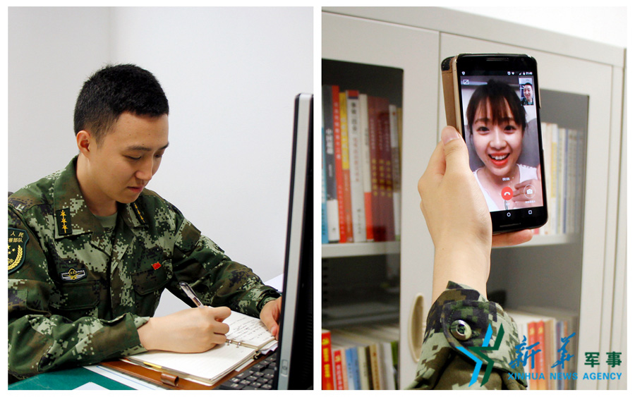 &uarr;陳德正，武警北京總隊(duì)七支隊(duì)某中隊(duì)指導(dǎo)員。七夕前夜堅守在值班崗位上的他，在結(jié)束值班后給妻子打了個視頻電話，通過網(wǎng)絡(luò)表達(dá)著對妻子的愛意。閆星辰 攝