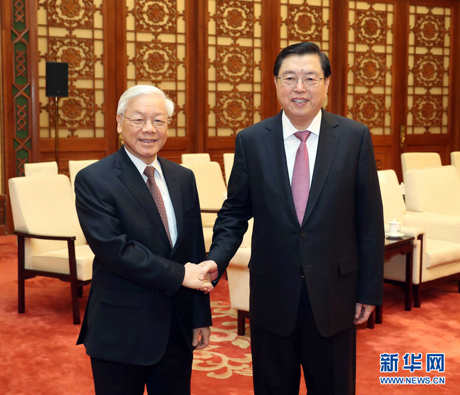 1月13日，中共中央政治局常委、全國人大常委會委員長張德江在北京人民大會堂會見越共中央總書記阮富仲。 新華社記者 劉衛(wèi)兵 攝