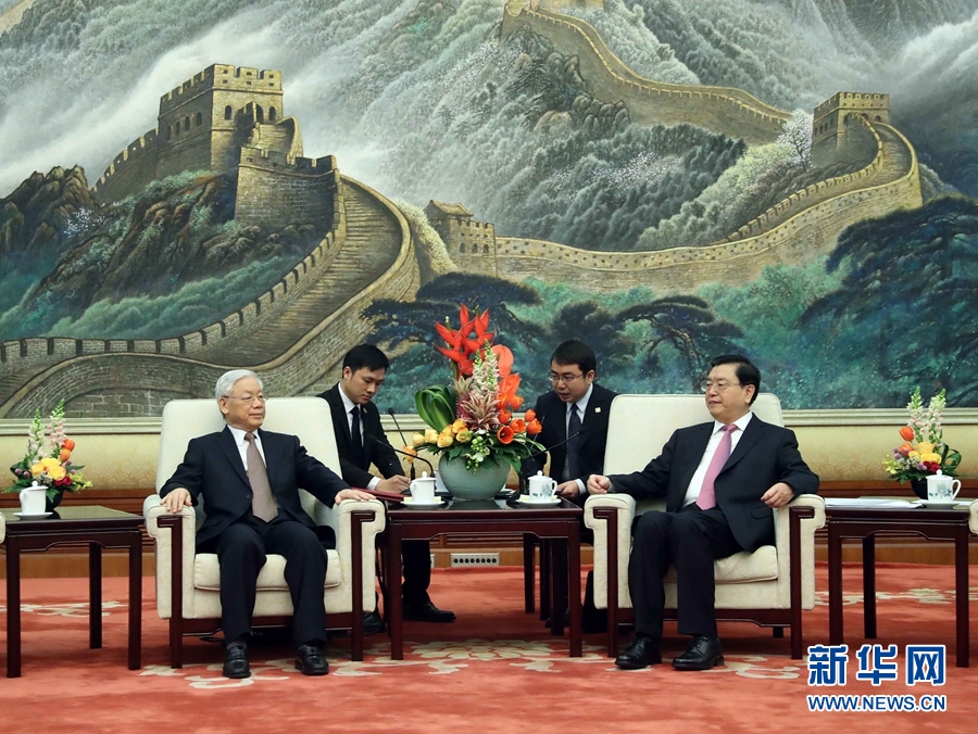 1月13日，中共中央政治局常委、全國人大常委會委員長張德江在北京人民大會堂會見越共中央總書記阮富仲。 新華社記者 劉衛(wèi)兵 攝