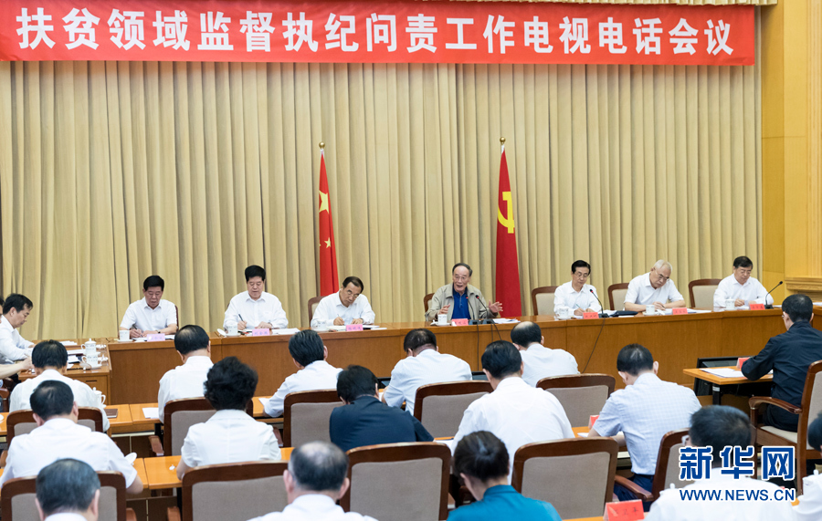 7月3日，中共中央政治局常委、中央紀委書記王岐山在北京出席扶貧領(lǐng)域監(jiān)督執(zhí)紀問責工作電視電話會并講話。 新華社記者丁海濤攝