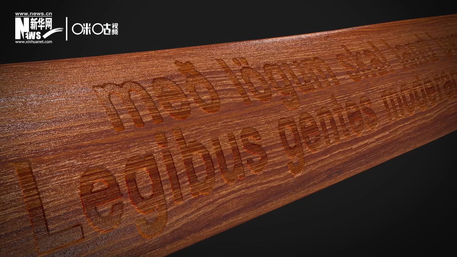 這把木槌尺寸超大、顏色棕紅、精雕細(xì)刻，上面刻有&ldquo;社會必須建立在法律的基礎(chǔ)上&rdquo;。