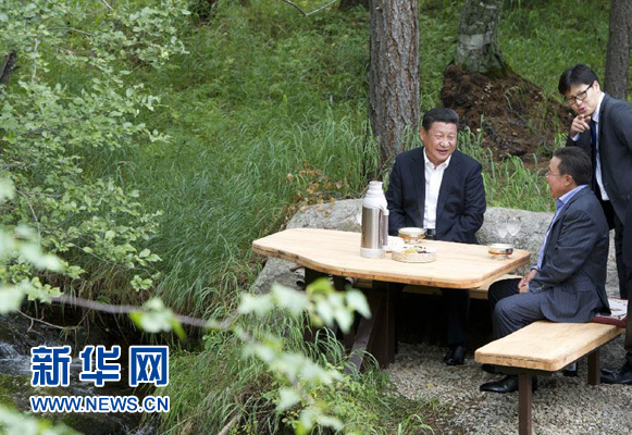 8月22日，國(guó)家主席習(xí)近平同蒙古國(guó)總統(tǒng)額勒貝格道爾吉在烏蘭巴托市郊的總統(tǒng)官邸再次會(huì)晤。這是習(xí)近平同額勒貝格道爾吉會(huì)晤后在溪畔飲茶。新華社記者 黃敬文 攝