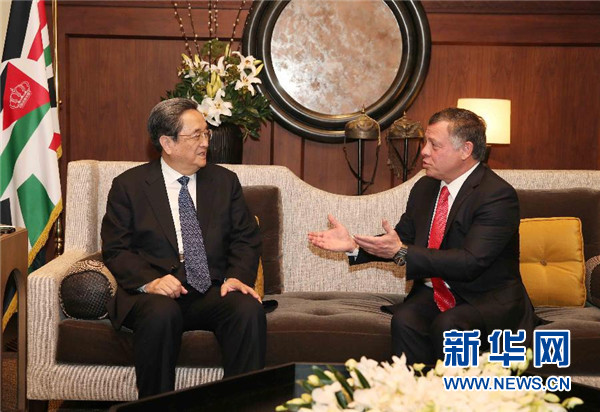 11月9日，正在約旦進行正式友好訪問的全國政協(xié)主席俞正聲在安曼會見約旦國王阿卜杜拉二世。 新華社記者 劉衛(wèi)兵 攝 