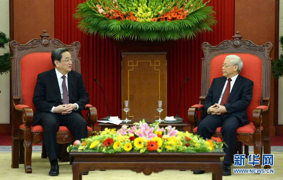 12月25日至27日，中共中央政治局常委、全國(guó)政協(xié)主席俞正聲對(duì)越南進(jìn)行正式訪問(wèn)。這是12月26日，俞正聲在河內(nèi)會(huì)見(jiàn)越共中央總書記阮富仲。 新華社記者馬占成攝