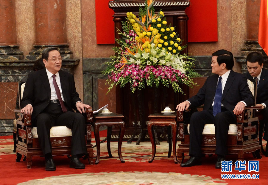 12月25日至27日，中共中央政治局常委、全國(guó)政協(xié)主席俞正聲對(duì)越南進(jìn)行正式訪問(wèn)。這是12月26日，俞正聲在河內(nèi)會(huì)見(jiàn)越南國(guó)家主席張晉創(chuàng)。 新華社記者劉建生攝