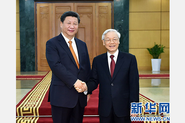 11月5日，中共中央總書記、國家主席習(xí)近平在河內(nèi)同越共中央總書記阮富仲舉行會談。 新華社記者李濤攝