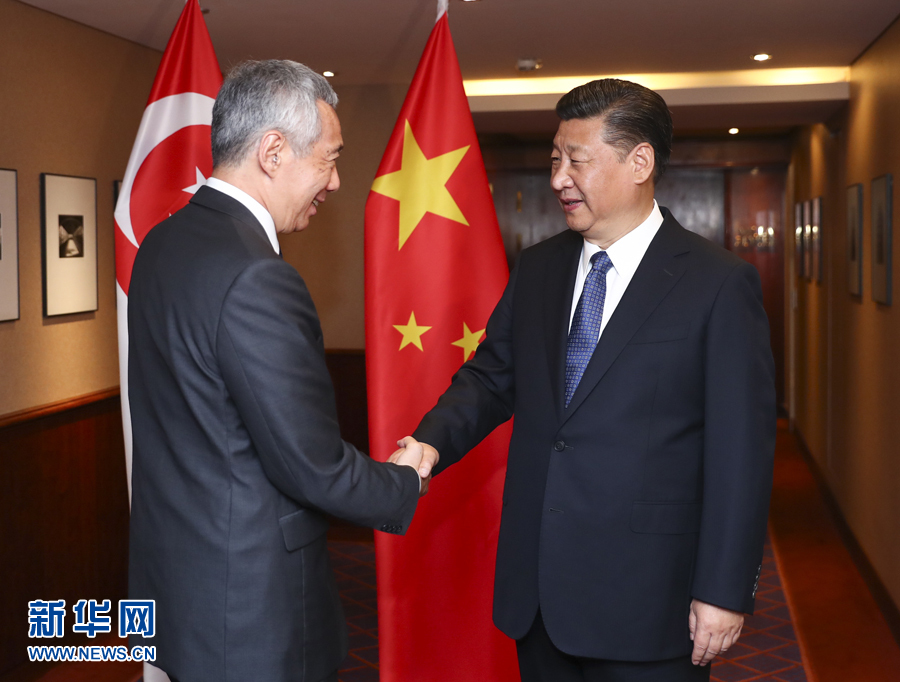 7月6日，國家主席習近平在漢堡會見新加坡總理李顯龍。 新華社記者謝環(huán)馳 攝